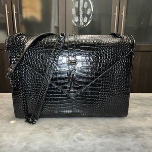 Saint Laurent Calfskin Crocodile Embossed Monogram Large Satchel Black on Black